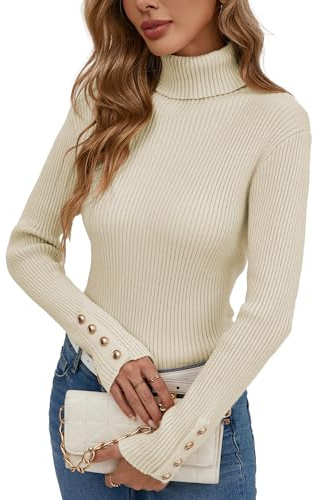 Famulily Women's Long Sleeve High Neck Tops, Solid Color Ribbed Knit Slim Pullover Sweaters Lightweight Jumpers (L, Beige)