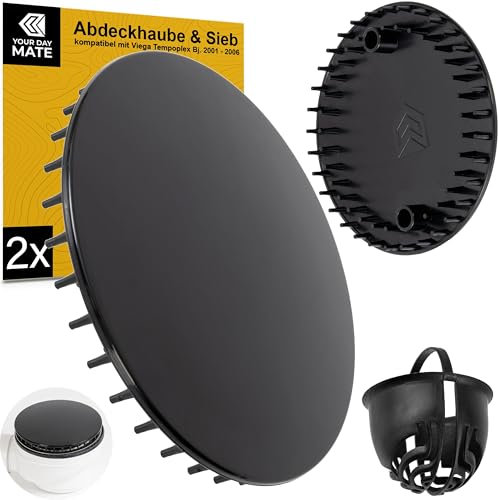 Abdeckhaube und Haarsieb Set für Duschabfluss, Ø 112 mm, kompatibel mit Viega Tempoplex Ablaufgarnitur ab Baujahr 2001-2006, Duschwanne Ablaufloch Abdeckung, schwarzer ABS ASA Deckel und Haarfilter