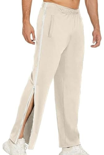 Qixfyze Reha Hose Damen Herren Trainingshose Mit Durchgehendem Reissverschluss Jogginghose Abreißhose Locker Lässig Sportswear Mit Tasche Seitlich Zu Öffnen Baggy Am Bein Weites Bein(Apricot,M)