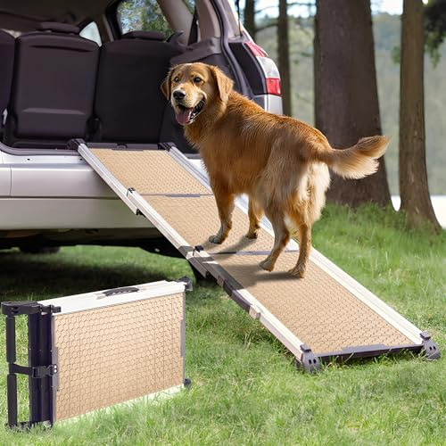 Hunderampe Auto Klappbar - Stabile und rutschfeste Hundeleiter Auto & SUV bis zu 90kg Belastbar - Teleskop Alu Rampe für große Hunde - Reflektierende Seiten - Hundetreppe - Befestigungsclip - Sand