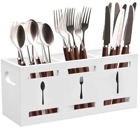 Kitchen Utensil Holder with Drainage Bottom,Kitchen Cooking Utensil Organizer with 3 Compartment,Farmhouse Utensil Organiser Cutlery Caddy , Wooden Cooking Tools Storage for Countertop,25.5x8.7x11cm