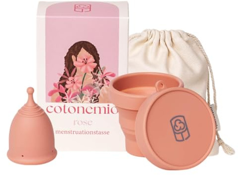 Cotonemio Rose Menstruationstassen-Set Mit Sterilisator (3er-Pack) 100% Medizinisches Silikon Nachhaltig Ohne BPA, Plastikfrei Bis Zu 12 Stunden(Menstruationstasse Sterilisator Baumwollbeutel) (XS)