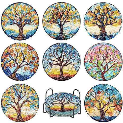 8 Pièces Peinture Diamant Dessous de Verre, DIY Dessous de Verre Peinture Diamant avec Support en Métal, Kit Diamond Painting Arbre de Vie, pour Tasses, Vases, Bougies Décoratives