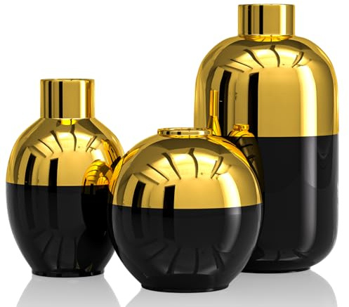 Blcka Glänzende goldene Keramik-Blumenvasen, 3er-Set, goldfarben, modern, rund, dekorative Vasen für Pampasgras, Heimdekoration, Schlafzimmer, Büro, Wohnzimmer, Bücherregal, Hochzeit, Badezimmertisch