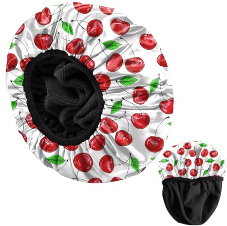 BHAHB Luxury Shower Cap Reusable Terry Cloth Lined EVA Triple Waterproof Layer Elastic Hair Bath Caps for Women Girls Cute (U4-Cherry)