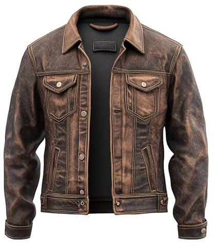 WECNOM Mens American Fashion Vintage Western Style Genuine Lambskin Leather Motorcycle Jacket Men Trucker Distressed Brown - XXL