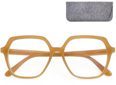 Blaulichtfilter Brille Damen Sechseckig Oversize mit Etui | Klare Gläser mit UV-Schutz, 28 g leichte Kunststofffassung, 141 mm Gesamtbreite und graues Etui zur Aufbewahrung.