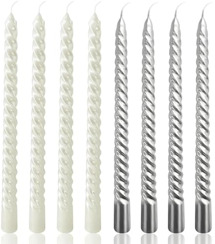 VIKY® 8 Stück Tropffreie Spitzkerzen 25 cm Lang - 4x Silber Kerzen & 4x Weiß Kerzen - Gedrehte Stabkerzen für Weihnachtsdekoration, Frosted Winter Deko, Geruchlos