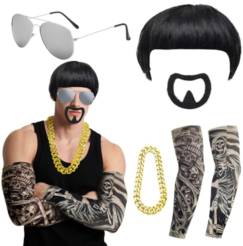 YAUOIPI 6 Pcs Ibiza Final Boss Costume Accessory Set, 60s 70s 80s Funny Bowl Cut Wig,Fake Goatee Beard, Gold Thick Chain, Silver Glasses,Fake Tattoo Sleeves,Mushroom Wig, for Festivals Parties (Black)