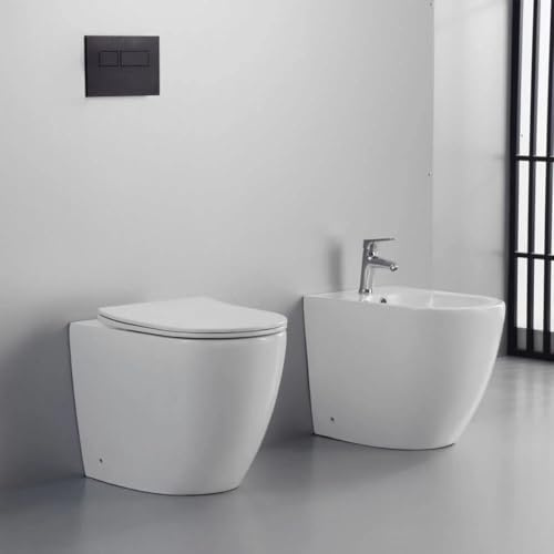 Coppia Sanitari a Terra ARIES Filo Muro con Sistema RIMLESS Wc e Bidet Soft Closing, Chiusura Rallentata, Wc con Coprivaso Per Bagno