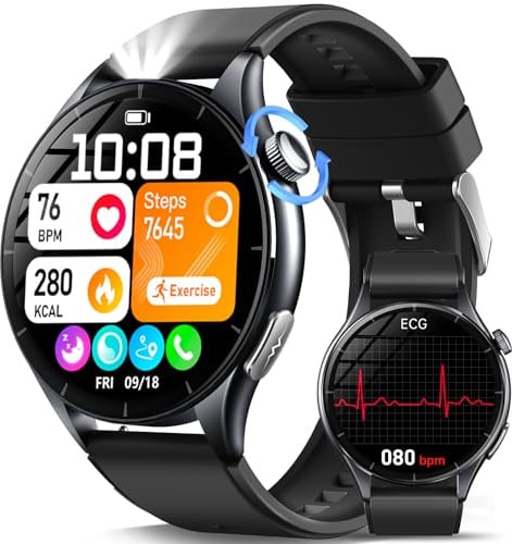 2026 Neue Smartwatch Herren mit EKG/ΒΙυtｚυcker/BMI/HRV/Harnsäure/LED-Licht,1,56 AMOLED Rund Gesundheitsuhr mit 24H ΒΙutdruck SpO2 Pulsuhr Schlaf/Apnoe-Monitor, SOS-Notruf Fitnessuhr für iOS Android