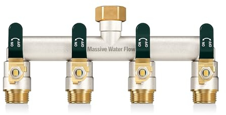 HugWaFlw 4-way Hose Pipe Splitter, Outdoor Tap Splitter, 3/4 Inch Tap Connector, Nickel plating Solid Brass Large Flow Hose Splitter 4-way, Enables Four-way Diversion of The Water Tap-Green Grip