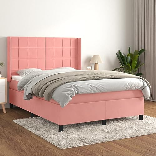 Tonture Lit à sommier tapissier avec matelas - Rose - 140 x 200 cm - Housse en velours - Tête de lit réglable en hauteur - Matelas à ressorts ensachés - Soutien mi-ferme - Confort pour chambre à
