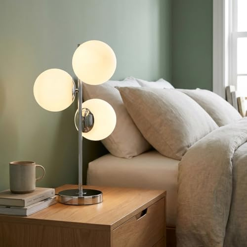 B·LED BARCELONA LED Lampe de table ROM avec triple boule en verre opalin Ø15 cm, design moderne en, chrome, compatible ampoules E27, idéale pour salon, chambre, bureau, chevet