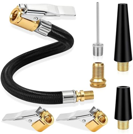 Hocklliy 7 Pcs Quick Release Tyre Inflator Adaptor Set Includes Brass Tyre Valve Air Pump Clip Ball Needle Air Nozzle and Tyres Pump Hose for Car Bike