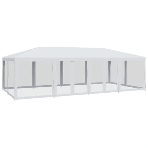 Tente de réception avec 12 panneaux latéraux en maille - Blanc - 8 x 4 m - PEHD - Robuste - Avec cadre en fer - Pour fêtes de jardin, fêtes - Avec moustiquaire et entrée zippée