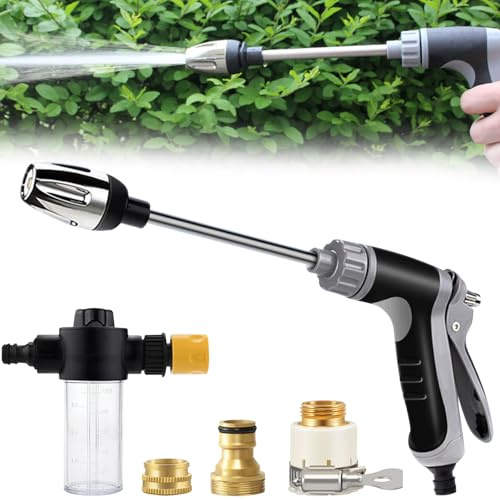 VETIXLO Pistola ad Alta Pressione per Tubo da Giardino, Idropulitrice con Flacone Schiumogeno, 3 Raccordi in Metallo, Lancia per Lavaggio Auto, Giardino e Terrazza