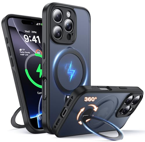 FNDMIL 360° Spin Magnetic Stand for iPhone 16 Pro Case with MagSafe | Invisible Kickstand, Full Camera Protection, Non-Slip Texture, Military Shockproof, Translucent Matte Slim,Black