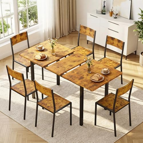 Xbro Esstisch Set 6 Personen Ausziehbar, Essgruppe mit 6 Stühlen, Stabil Platzsparend, Einfache Montage, Für Küche und Esszimmer 110–140 cm