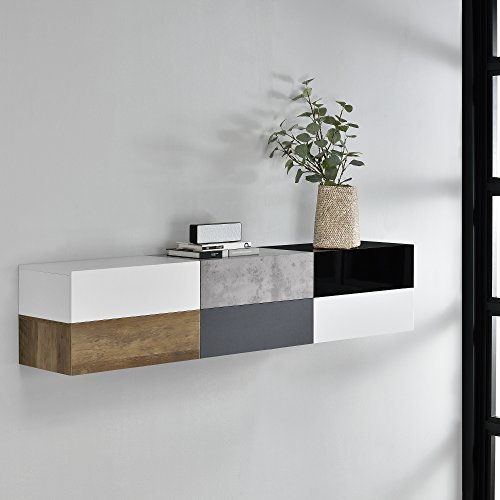 [en.casa] Wandregal Oslo mit Schublade 6er Set Nachttisch schwebende Nachtkommode Hängeregal Wandboard Nachtkonsole 46x30x15cm in 6 Farben (Weiß/Schwarz Hochglanz und matt, Dunkelgrau, Beton, Holz)