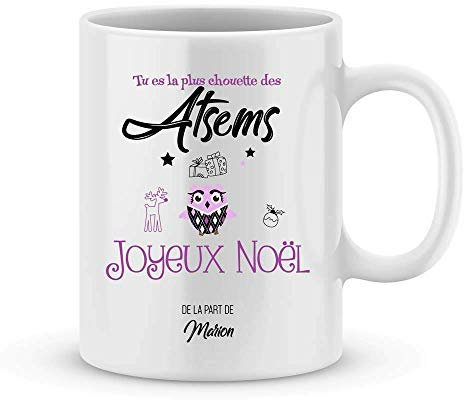 Cadeau Joyeux Noël ATSEM à personnaliser avec votre prénom - Mug personnalisé pour atsem - Cadeau personnalisé atsem Noël