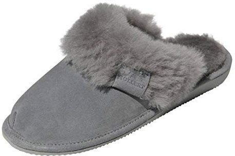 Hollert Damen Lammfell Hausschuhe Malibu GRAU Pantoffeln Wohlgefühl - warm, atmungsaktiv 100% Merino Schaffell Echtleder Schuhgröße EUR 40