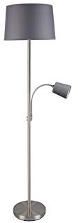 Moderne Stehleuchte mit Leselampe in Silber matt mit Stoffschirm Ø40cm in Grau