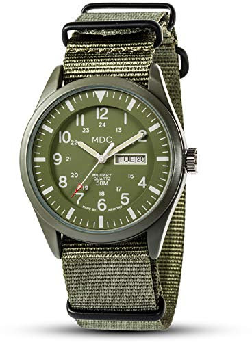 Infantry Herren-Militär-Armbanduhr, Schwarz, Datum, Tag, 12/24-Stunden-Anzeige, Outdoor-Sport, NATO-Armband, Grün, 5 ATM Wasserdicht