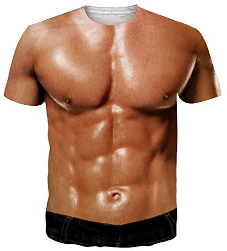 RAISEVERN Mens T Shirt Fake Muscle Funny Cool 3D Graphic Sixpack Print Abs T-Shirts Womens Tee Shirt Vintage Custom Funky Teen Boys Party Gifts, XXL
