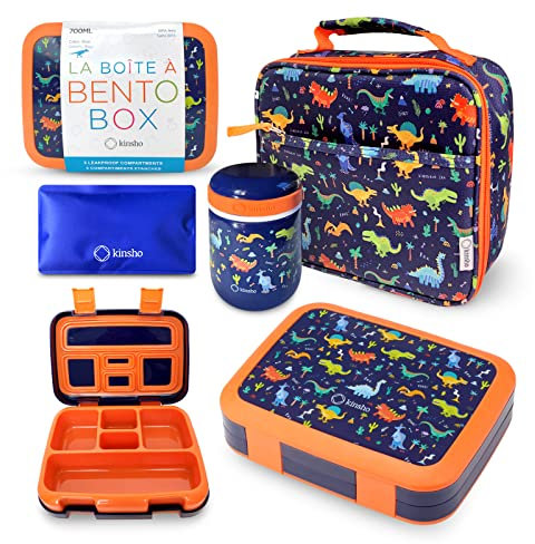 KINSHO Bento Box con termo, tarro de acero inoxidable para alimentos fríos o calientes, bolsa de almuerzo aislada y juego de bolsa de hielo para niños o niños pequeños, de 3 a 7 años, dinosaurio azul