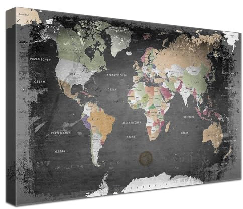 LANA KK Stilvolle Pinnwand Weltkarte - Graphit - Deutsch in 200 x 130 cm, stabile Rückwand zum Pinnen inkl. Starterkit - Leinwand-Kunstdruck Wandbild Landkarte XXL