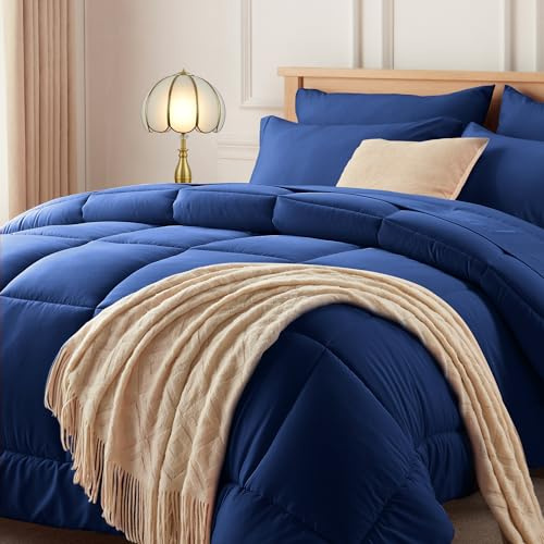 Newspin Bettwäsche-Set für Doppelbett, Blau – Bett in Einer Tasche, Doppelbettgröße, 5-teilig, für alle Jahreszeiten, Flauschiges Bettdecken-Set mit Laken, Bettlaken-Set, Steppdecke, Kissenbezüge und