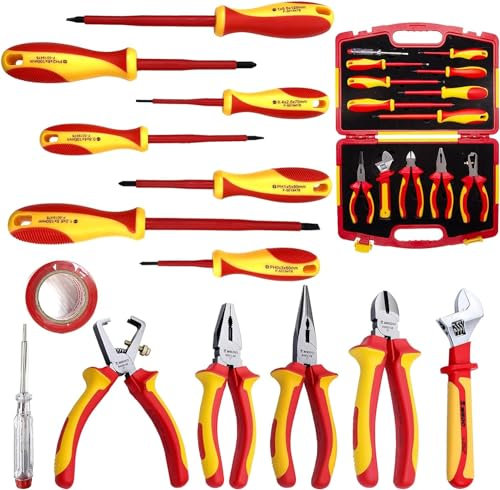 WEDO VDE Isolierte Werkzeuge Set 13-teilig,1000V Elektriker Sicherheits Werkzeuge Sets mit Zange,Stripper,Schraubenschlüssel,Schlitz Phillips Schraubendreher,Spannungsprüfer im harten Koffer,IEC 60900