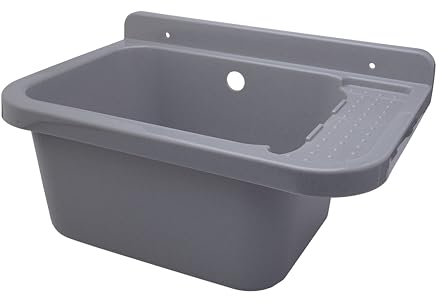 ADGO Fregadero Industrial con Cámara Grande, para Garaje, Lavandería, Taller, Sifón, Juego de Montaje, Resistente a la Intemperie, Fregadero de una Sola Cámara (50 x 34 x 21 cm, Gris)