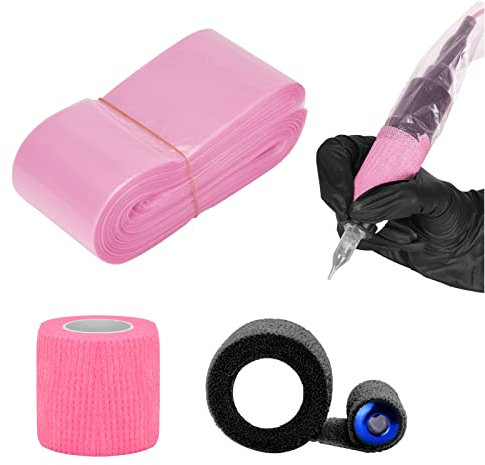 ATOMUS 100pcs Disposable Tattoo Clip Cord Sleeves Pink with 2pcs Self-adhesive Bandage Plastic Cover Bags Tattoo Pen Bag Tattoo Machine Accessories