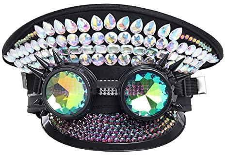 COSDREAMER Damen Burning Man Paillettenhut Festival Militär Kapitän Hüte mit Brille (Bunte Diamant)