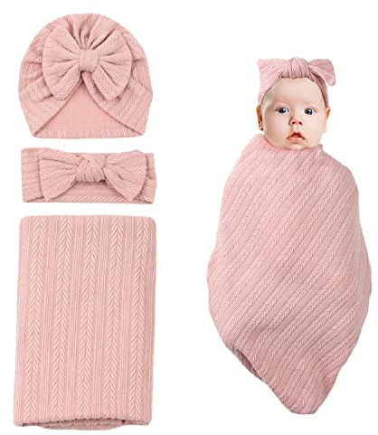 Nishine 35x33 Newborn Swaddle Blanket with Headband Set Wheat Pattern Swaddle Wrap Receiving Blanket for Baby Boy Girls Sleeping Bag (Pink)