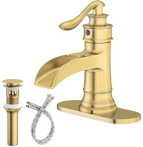 BATHLAVISH Gebürsteter goldener Badezimmer-Wasserhahn Wasserfall Einloch Einzelgriff Bauernhaus WC Waschtisch 1 Loch Deckmontage RV Vintage Antik mit Pop-Up-Ablauf mit Überlaufteilen Mischbatterie