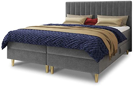 Boxspringbett Gold mit 2 Bettkästen und Topper - Doppelbett, Bonell-Matratze, Polsterbett, Bett mit Matratzentopper, Schlafzimmer, Velours Stoff (Grau (Manila 16), 180 x 200 cm)