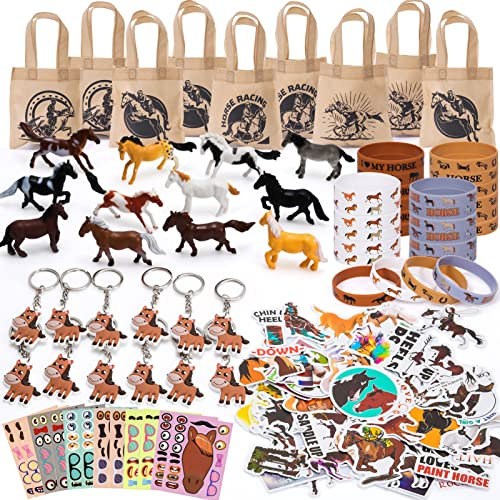 Latocos 110 Stück Pferde Party Mitgebsel Kindergeburtstag West Cowboy Gastgeschenke Tüten Figuren Silikon Armbänder Schlüsselanhänger Aufkleber Junge Geburtstag Pinata Füllung