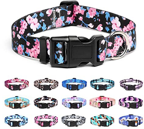 Suredoo Hundehalsband Verstellbares, Weich & Komfort Nylon Hunde Halsband für Kleine Mittlere Große Hunde Welpen Katzen (M, Rosa Blaue Blume)