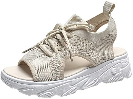 DRIMEE Femmes Baskets Fond Plat Maille Respirant léger Confortable Running Multicolore Tissage Volant, Chaussures de Sport décontractées Femme Lacets Chaussures Sport Running,Beige,US7.5/EU39