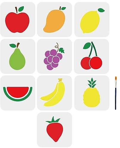 MAYJOYDIY 10 Stück Obst-Schablonen Apfel Mango Zitrone Birne Traube Kirsche Wassermelone Banane Ananas Erdbeere Malvorlage 15 x 15 cm Mit Pinsel DIY Kunst Handwerk Wand Heimdekoration