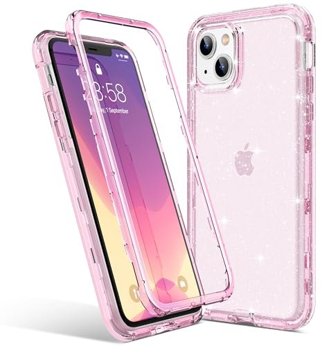 ULAK Stoßfest für iPhone 14 Hülle, iPhone 13 Hülle Glitzer Heavy Duty Dual Layer Bumper Cover Transparente Schutzhülle Kompatibel mit iPhone 14 / iPhone 13 6,1 Zoll Rosa Glitzer