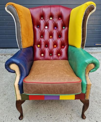 Casa Padrino Luxus Chesterfield Ohrensessel Mehrfarbig/Dunkelbraun 98 x 90 x H. 110 cm - Echtleder Chesterfield Wohnzimmer Sessel - Wohnzimmer Möbel - Chesterfield Möbel - Luxus Leder Möbel