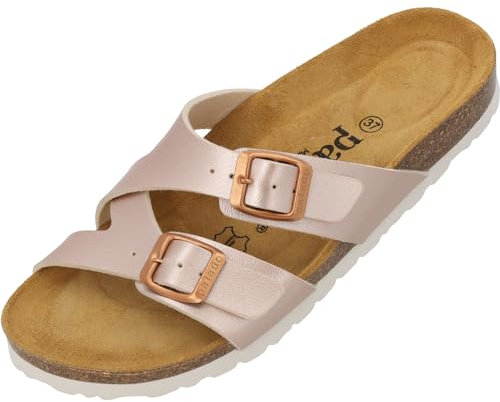 Palado Pantoletten Damen Arrila - bequeme Sandalen Made in Spain - Hausschuhe mit Kork-Fußbett - modische Sommerschuhe Rose Metallic UK8 - EU41