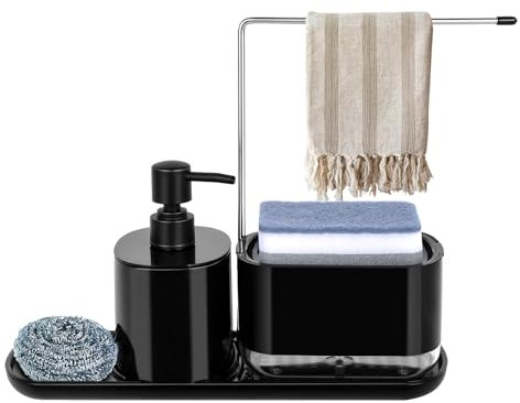Sumotia Dispensador de líquido para lavavajillas, Juego de dispensador de jabón con Soporte para Esponja y toallero, Organizador Negro para Fregadero de Cocina, detergente Recargable, Apto para frega