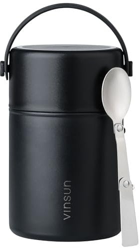 VINSUN Thermal Food Flask 800ml with Folding Spoon - Stainless Steel Food Container, Leakproof Soup Flask, Wide Mouth Insulated Food Jar for Hot or Cold Food