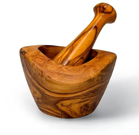 Handcrafted Olive Wood Mortar and Pestle Set - Rustic and Durable Kitchen Tool for Grinding Spices, Herbs, and Garlic - Eco-Friendly and Food Safe - Unique Natural Grain (Natural Wood, 14 cm)