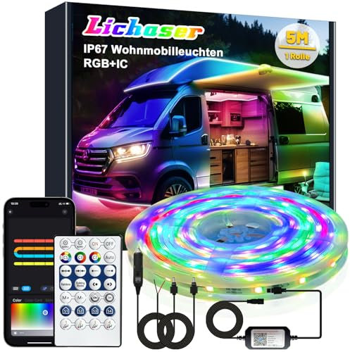 Lichaser 5M LED Streifen für Wohnmobile, Wasserdicht 12V LED Lampen für Wohnmobile IP67 RGB+IC mit App und Fernbedienung, Wohnmobilbeleuchtung für den Innen und Außenbereich für Markise Wohnwagen